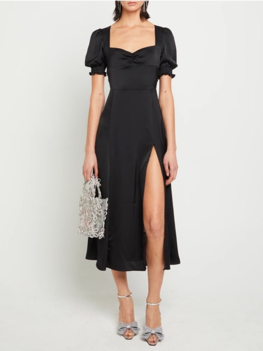 New! O.P.T Black Puff-Sleeve Square Neck Midi Dress
